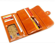 Load image into Gallery viewer, genuine leather oil wax multi folder solid wallet long purse for women